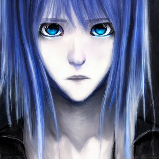 Image similar to full face shot of rimuru tempest, sky blue straight hair, long bangs, with amber eyes, wearing a fancy black jacket, high collar, ultra detailed, brush strokes, digital painting, cinematic, fxiv, wlop artstation, closeup, pixiv, eerie, scary, intimidating glare, evil, yoshitaka amano, junji ito,