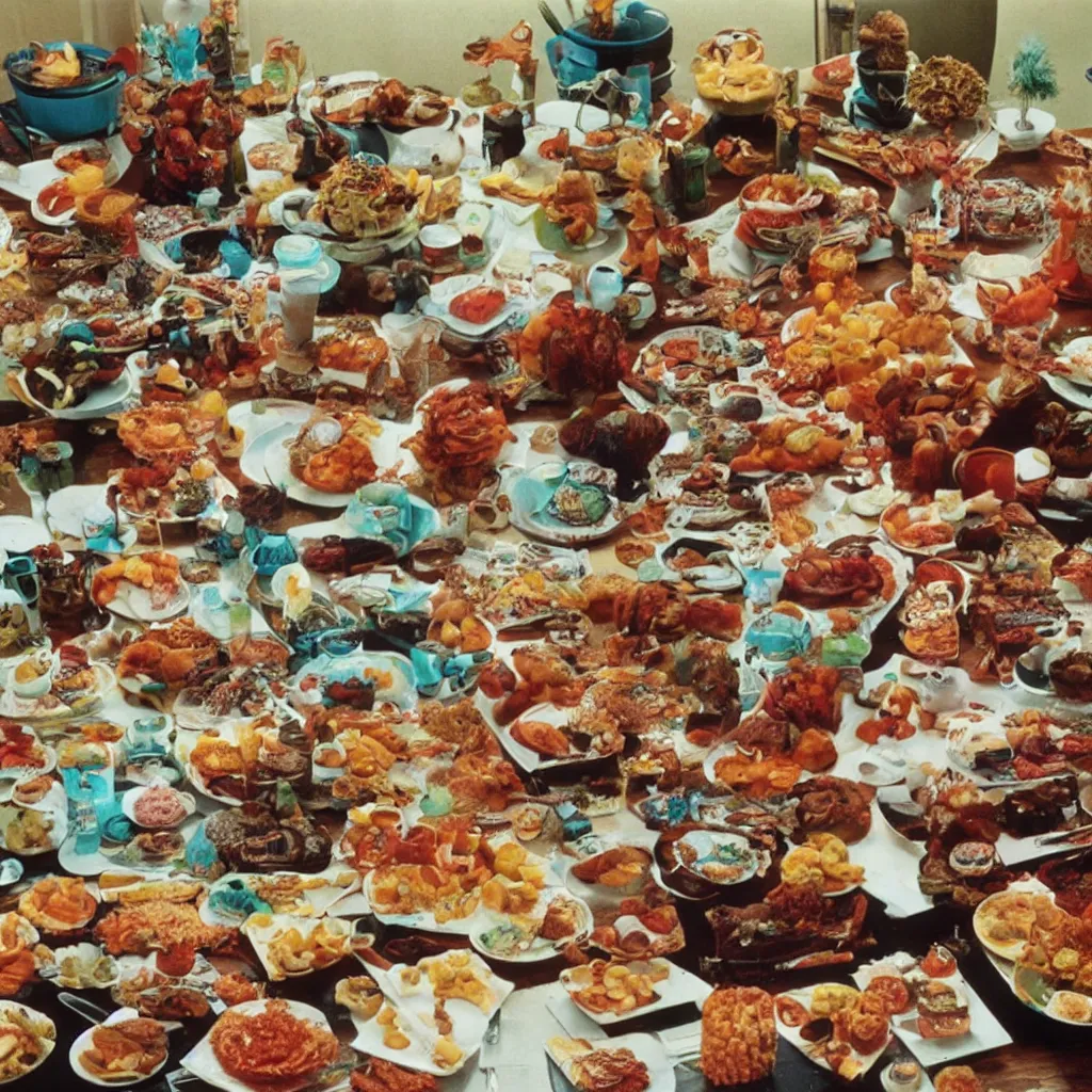 Prompt: a 70s photo of a spread of horrible food sculptures