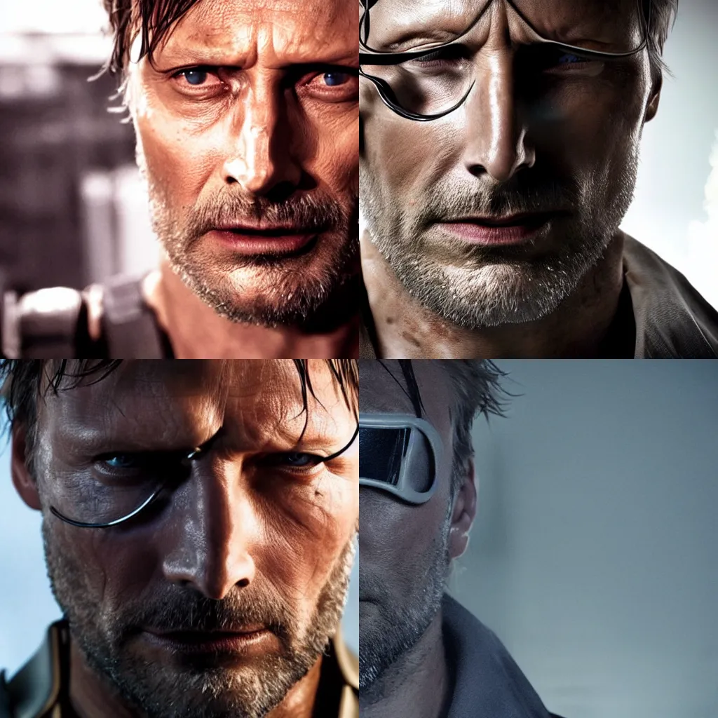 Prompt: half-body shot of Mads Mikkelsen as Solid Snake from Metal Gear Solid, wearing an eye patch, unshaven, movie still, cinematic, centered, studio lighting, high quality 4k