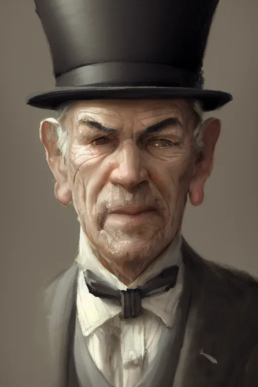 Image similar to a grey hair old halfling with no beard stubble top hat and suit by Greg Rutkowski, painting, portrait, HD, high details, trending on artstation