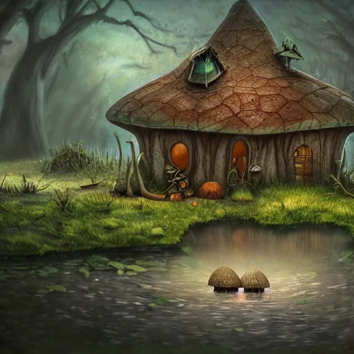 Image similar to mushroom house in a swamp, mystical, digital art, extremely detailed, oil painting, epic atmosphere, sense of scale, disney animation