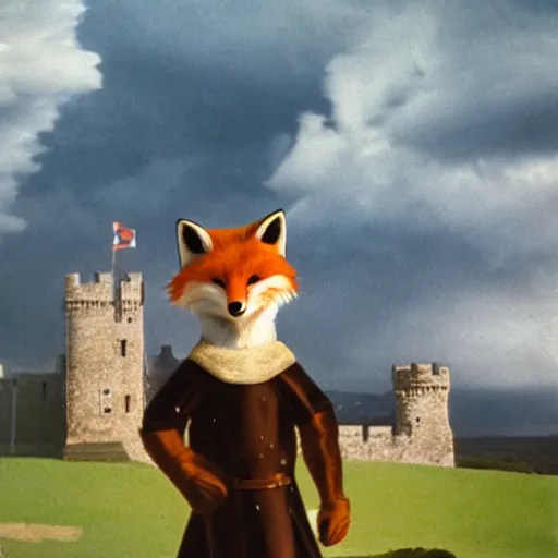 Image similar to anthropomorphic fox!! who is a medieval knight holding a swo - rd towards a stormy thundercloud [ 1 9 3 0 s film still ], ( castle in the background )