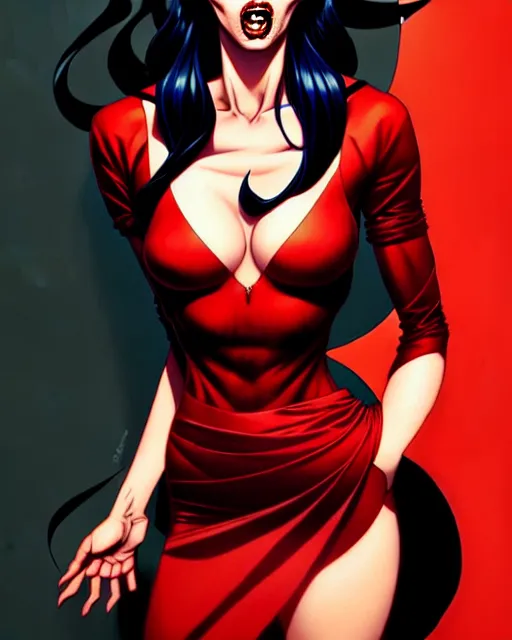 Image similar to artgerm, joshua middleton comic cover art, full body pretty megan fox vampire sharp teeth, red dress, symmetrical eyes, symmetrical face, long curly black hair, dark castle background background, cinematic lighting