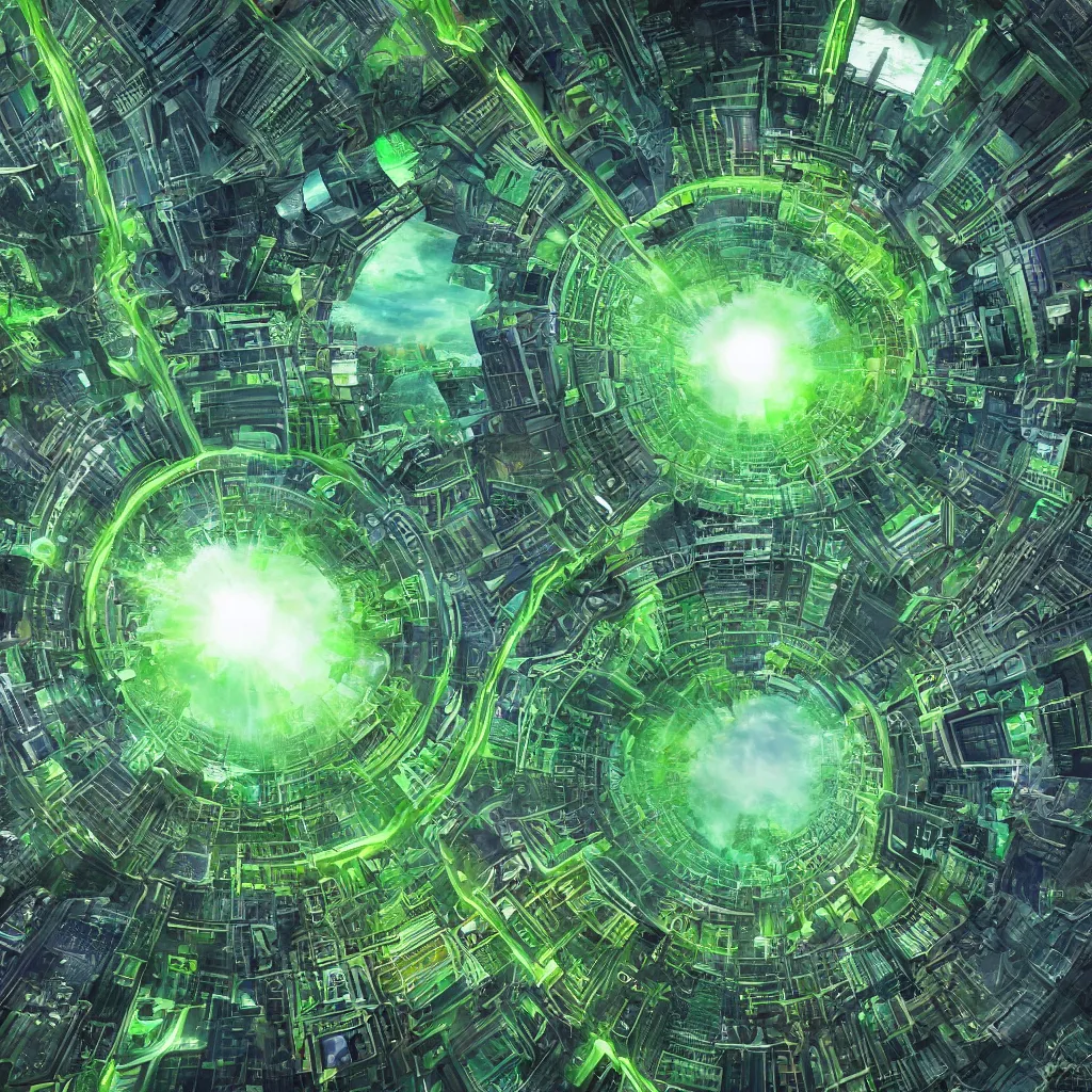 Prompt: a green massive interdimensional portal opening in the center of a vast megacity, art by mark cooper, 8 k, hyper detailed, hdr, intricate, masterpiece