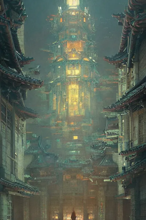 Image similar to cyberpunk Korean ancient castle, fantasy, painting by greg rutkowski and alphonse mucha