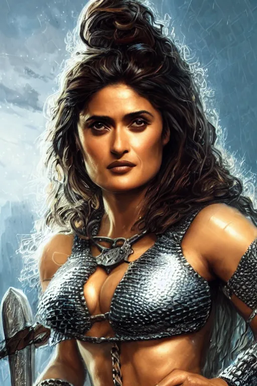Image similar to portrait, Salma Hayek , barbarian , dressed in chain mail bikini armor, face portrait, raphael lacoste, eddie mendoza, alex ross, concept art, matte painting, highly detailed, rule of thirds, dynamic lighting, cinematic, detailed, denoised, centred