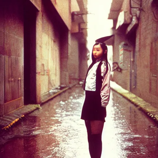 Image similar to 1990s perfect 8K HD professional cinematic photo of close-up japanese schoolgirl posing in sci-fi dystopian alleyway at morning during rain, at instagram, Behance, Adobe Lightroom, with instagram filters, depth of field, taken with polaroid kodak portra