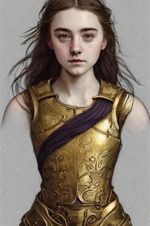 Image similar to a head and torso art nouveau portrait of a 16-year old girl who resembles Saoirse Ronan and Anya Taylor Joy with a worried, intense gaze, ornate intricate golden battle armor, intricate, elegant, highly detailed, digital painting, artstation, concept art, smooth, sharp focus, illustration, art by John William Waterhouse and Bouguereau and Donato Giancola and alphonse mucha