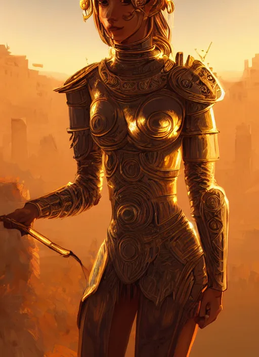 Image similar to portrait knights of zodiac girl, golden and copper shining armor, in ruined agora of athens sunrise, ssci - fi and fantasy, intricate and very very beautiful and elegant, highly detailed, digital painting, artstation, concept art, smooth and sharp focus, illustration, art by ilya kuvshinov and tian zi and wlop and z - - ed