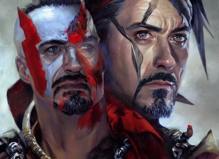 Image similar to a highly detailed beautiful portrait of robert downey jr as kratos, by gregory manchess, james gurney, james jean