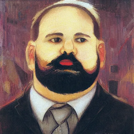 Prompt: portrait of a chubby bearded multi-ethnic young man, collared shirt, graying hair, glowing with silver light, painting by Franz Marc, by Jean-Léon Gérôme, by Winsor McCay, today's featured photograph, 16K