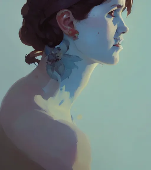Prompt: portrait of a woman raised on the island face tatooes by atey ghailan, by greg rutkowski, by greg tocchini, by james gilleard, by joe fenton, by kaethe butcher, by craig mullins, dynamic lighting, gradient light blue, brown, blonde cream and white color scheme, grunge aesthetic