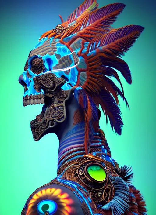 Image similar to 3 d shaman with tattoos profile portrait, sigma 5 0 0 mm f / 5. beautiful intricate highly detailed quetzalcoatl skull and feathers. bioluminescent, plasma, lava, ice, water, wind, creature, thunderstorm! artwork by tooth wu and wlop and beeple and greg rutkowski, 8 k trending on artstation,