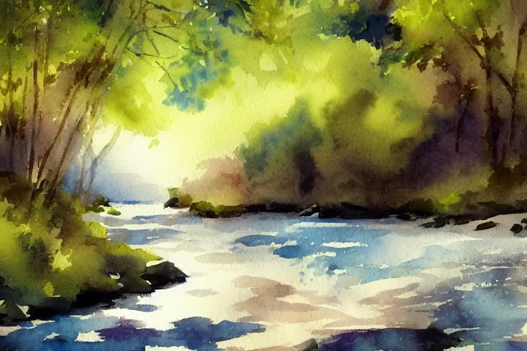 Image similar to river summer watercolor pen light color on artstation