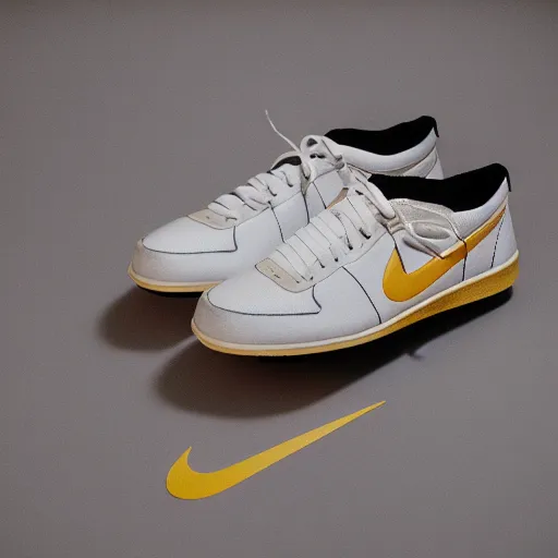 Image similar to a studio photoshoot of Nike sneakers designed by Tom Sachs, leather with mesh material, gum rubber outsole, realistic, color film photography by Tlyer Mitchell, 35 mm, graflex