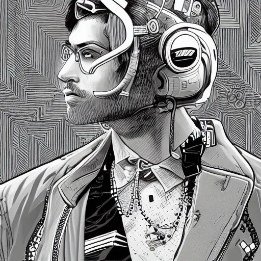 Prompt: detailed black and white illustration in the style of josan gonzalez of a close up of a suave young explorer wearing a cyberpunk headpiece, highly detailed, intricate details, 8k wallpaper