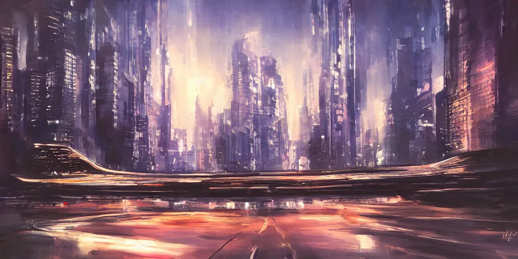 Image similar to a runabout in futuristic cityscape at night, soft lighting, realistic painting