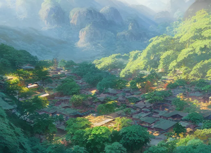 Prompt: concept art painting of a distant small woodland village in a valley seen from above, european japanese buildings, early morning, cel shaded, detailed, realistic, by makoto shinkai and moebius and greg rutkowski and james gurney