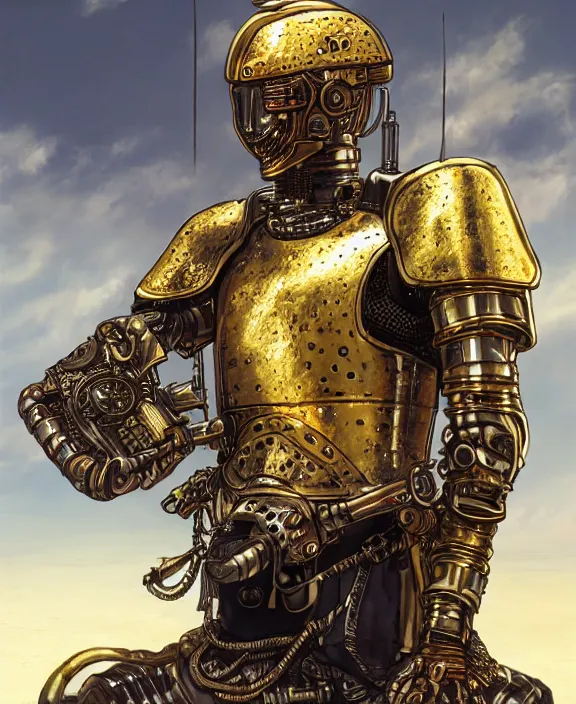 Image similar to a portrait of an armoured warrior with golden steampunk armour and a futuristic helmet with a cybernetic holographic visor by Moebius, 4k resolution, photorealistic