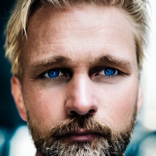 Prompt: close up of face of 4 0 year old anglo slavic blond man with blond stubble, very short wavy blond hair, very dark blue eyes, portrait, 4 k