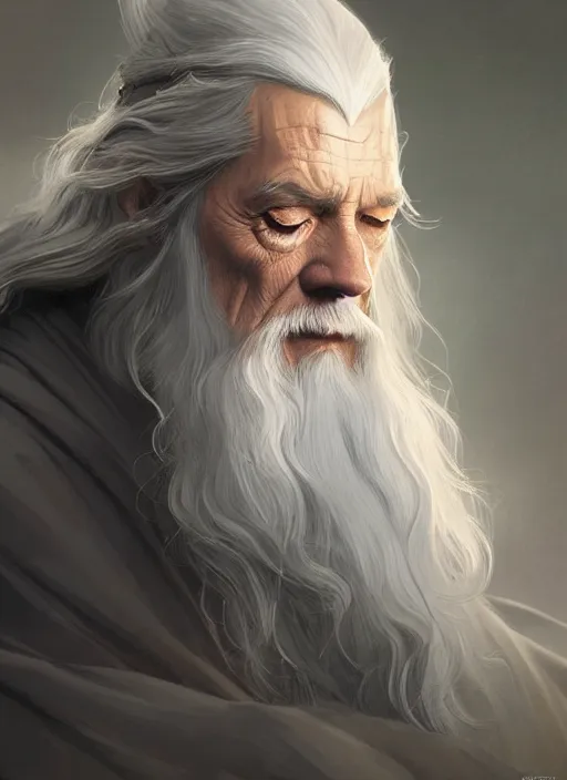 Image similar to gandalf the grey, d & d, fantasy, intricate, elegant, highly detailed, digital painting, artstation, concept art, matte, sharp focus, illustration, hearthstone, art by artgerm and greg rutkowski and alphonse mucha