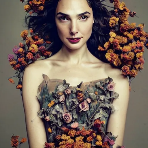 Image similar to full body fine art photo of the beauty gal gadot, she has a crown of dried flowers and she is wearing a fashionist conceptaul dress made of dried roses, taken by oleg oprisco