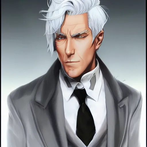 Prompt: the absolute least sexy man with silver hair wearing grey suit by artgerm and wlop and krenz cushart, painterly - h 9 6 0