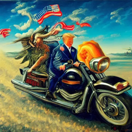 Prompt: masterpiece painting of donald trump riding a motorcycle while escaping danger, surreal background, action, explosions