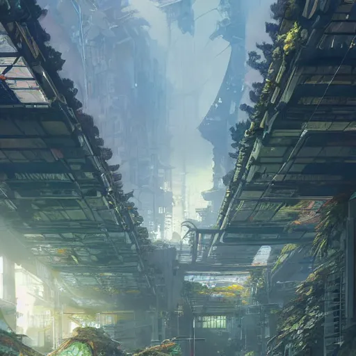 Prompt: A futuristic Tokyo solarpunk scientific overgrown metropolis on a sunny day, solar panels, art by Andreas Rocha and greg rutkowski, highly detailed, digital painting, matte painting, concept art, illustration, warm lighting, trending on artstation, very detailed