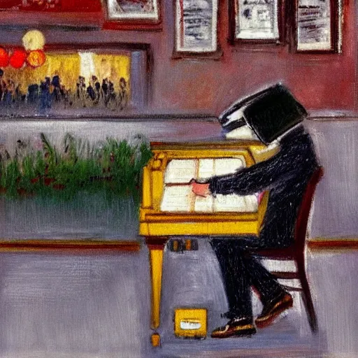 Image similar to A pianist playing piano on a rainy day in a coffee shop. There is a decent amount of people watching and enjoying the music, Impressionism art