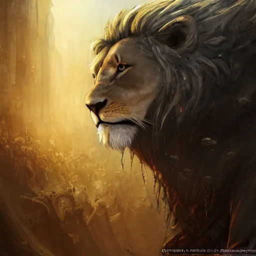 Image similar to Lion, Anthropomorphized, as warlord general on skull throne, magic the gathering artwork, D&D, fantasy, cinematic lighting, centered, symmetrical, highly detailed, digital painting, artstation, concept art, smooth, sharp focus, illustration, volumetric lighting, epic Composition, 8k, art by Akihiko Yoshida and Greg Rutkowski and Craig Mullins, heroic pose, oil painting, cgsociety, Battlefield background, explosions, arrows