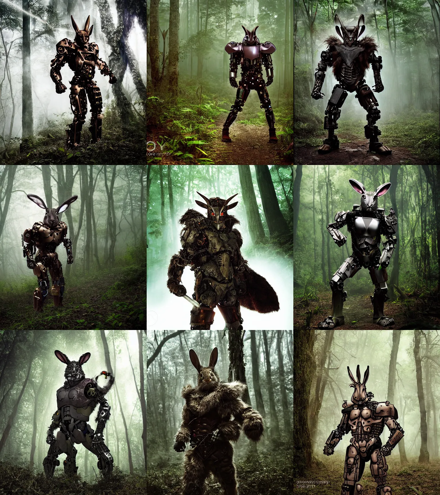 Prompt: photograph by discovery channel! full shot!! armored cyborg rabbit superhero rugged barbarian, fog, in deep forest jungle, overcast!!!