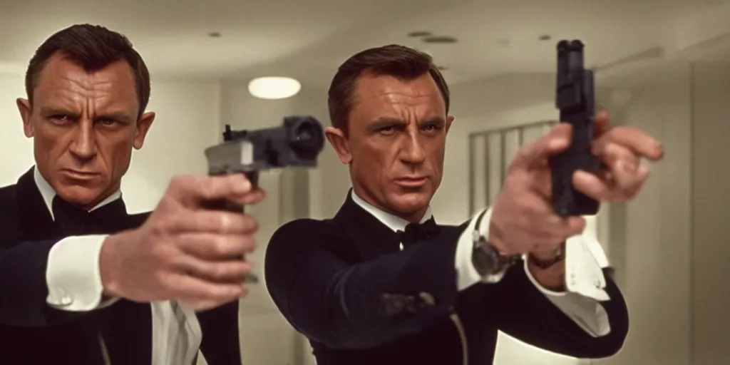 Prompt: James Bond wearing a Spiderman suit, while pointing a gun that emits a sticky liquid, high detail, high definition, high resolution, 8k.