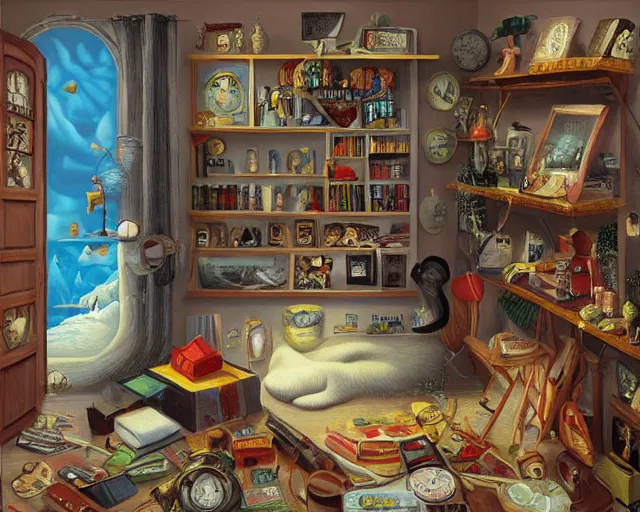 Image similar to room of wonders, an ultrafine detailed painting by rafal olbinski, behance contest winner, pop surrealism, detailed painting, very detailed, minimalist, skeuomorphic, airbrush art