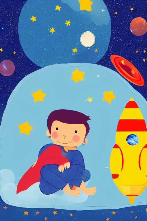 Prompt: a beautiful boy in pajamas and a bear, next to them a ship in the form of a space rocket in the background a galaxy full of stars, a planet full of holes, magic world. colorful, children's book cover