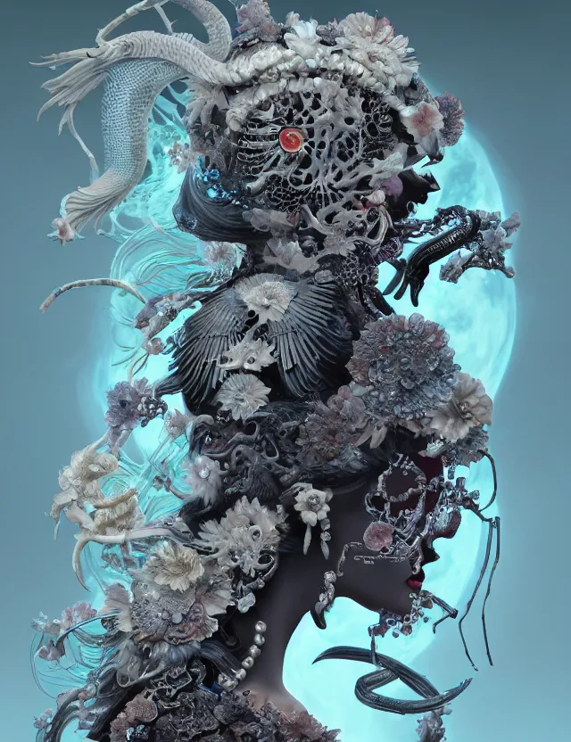 Image similar to 3 d goddess of death close - up profile portrait with ram skull. beautiful intricately detailed japanese crow kitsune mask and clasical japanese kimono. betta fish, jellyfish phoenix, bio luminescent, plasma, ice, water, wind, creature, artwork by tooth wu and wlop and beeple and greg rutkowski