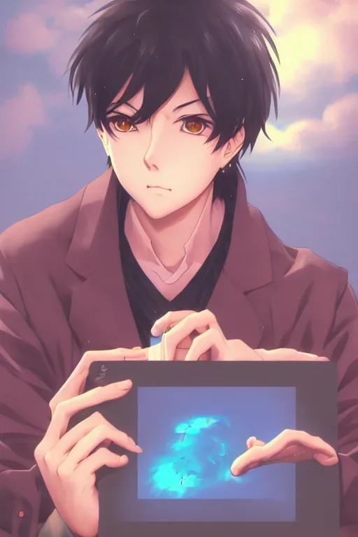 Image similar to portrait of an anime manga guy sitting behind a laptop screen, straight on portrait, by artgerm, james jean, tom bagshaw, gerald brom, vaporwave colors, lofi colors, vaporwave, lofi, goth vibe, 4 k, smooth, hd, substance designer render, full body character concept art, symmetrical,