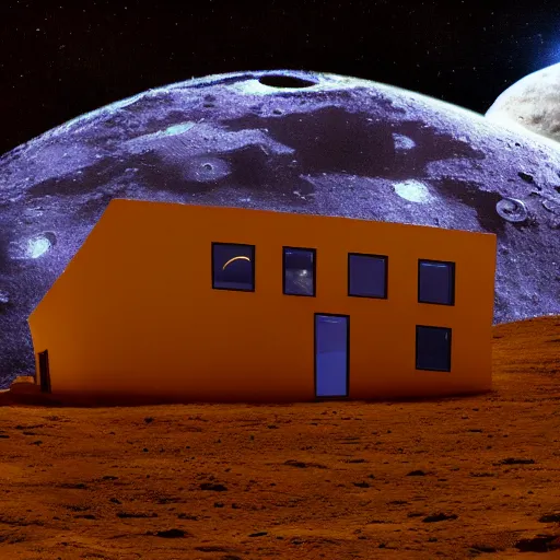 Image similar to a house on the moon, seen from earth at night, high detail