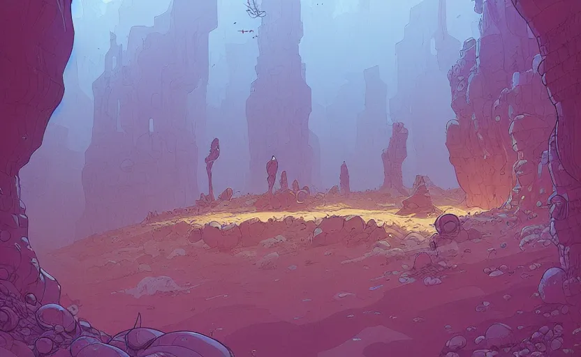 Prompt: natural cave wall, dynamic light, some old objects on the ground, mist low over ground, illustration by josan gonzales and moebius, clean line