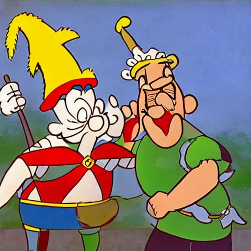 Prompt: Astérix and Obelix posing by Uderzo