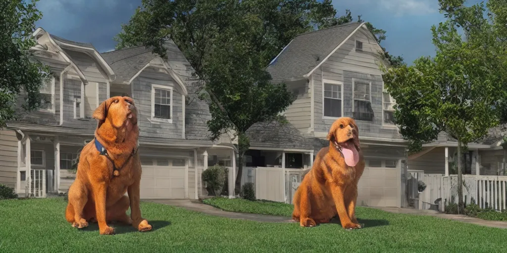 Image similar to a giant dog sitting between houses in a suburban neighborhood, weta pixar 8 k