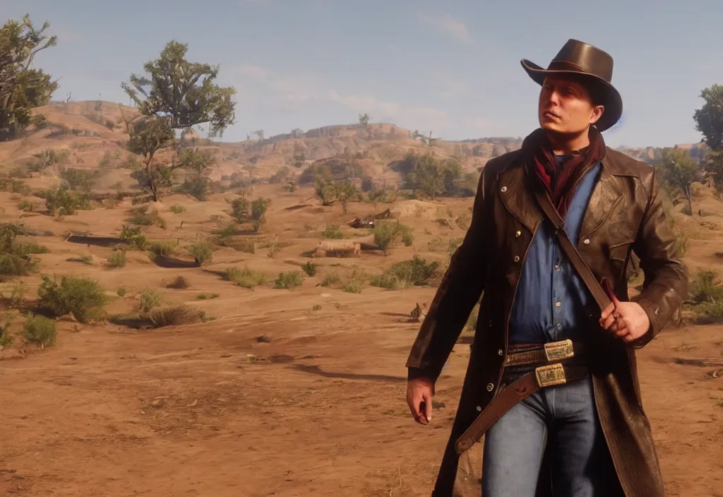 Image similar to elon musk in the red dead redemption 2, elon musk in the video game red dead redemption 2, gameplay screenshot, close up, 3 d rendering. unreal engine. amazing likeness. very detailed.