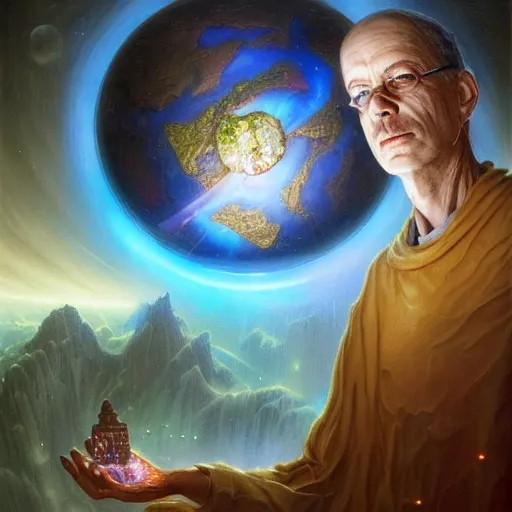 Image similar to the creator of worlds wearing a cloak and holding a holographic planet projection in his hand, detailed, sci - fi, digital painting, artstation, sharp focus, illustration, ominous, artgerm, tomasz alen kopera, peter mohrbacher, donato giancola, joseph christian leyendecker, wlop, frank frazetta