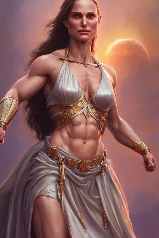 Image similar to Natalie Portman as a goddess, accurate anatomy, IFBB fitness body, only two hands, highly detailed, digital painting, artstation, concept art, smooth, sharp focus, illustration, Unreal Engine 5, 8K, art by art by artgerm and greg rutkowski and edgar maxence