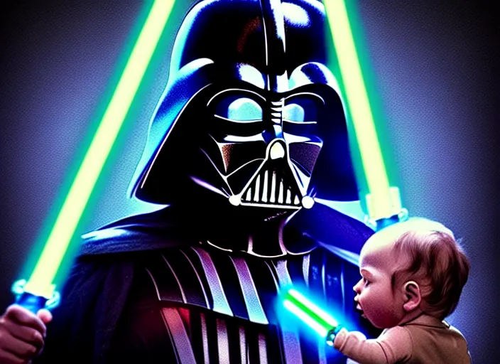 Prompt: hyperrealistic mixed media render of darth vader with lightsaber drawn facing off against a cute baby, stunning 3d render inspired art by P. Craig Russell and Barry Windsor-Smith + perfect facial symmetry + dim volumetric lighting, 8k octane beautifully detailed render, post-processing, extremely hyperdetailed, intricate futuristic mechanic parts, epic composition, grim yet sparkling atmosphere, cinematic lighting + masterpiece, trending on artstation