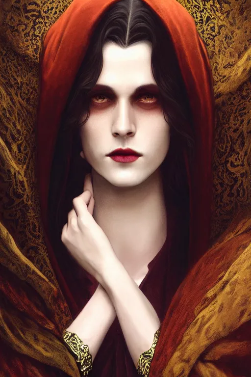 Image similar to a beautiful androgynous man, long thick dark hair, deep brown eyes, vampire, dressed in velvet, wearing a ruby pendant, illustration, dramatic lighting, soft details, painting oil on canvas, art nouveau, octane render, HDR, 4k, 8k, HD, by Edmund Blair Leighton, Brom, Charlie Bowater, faces by otto schmidt