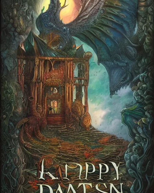 Image similar to happy birthday postcard, cover of a fantasy book by Neil Gaiman, trending on artstation, 8k, highly detailed