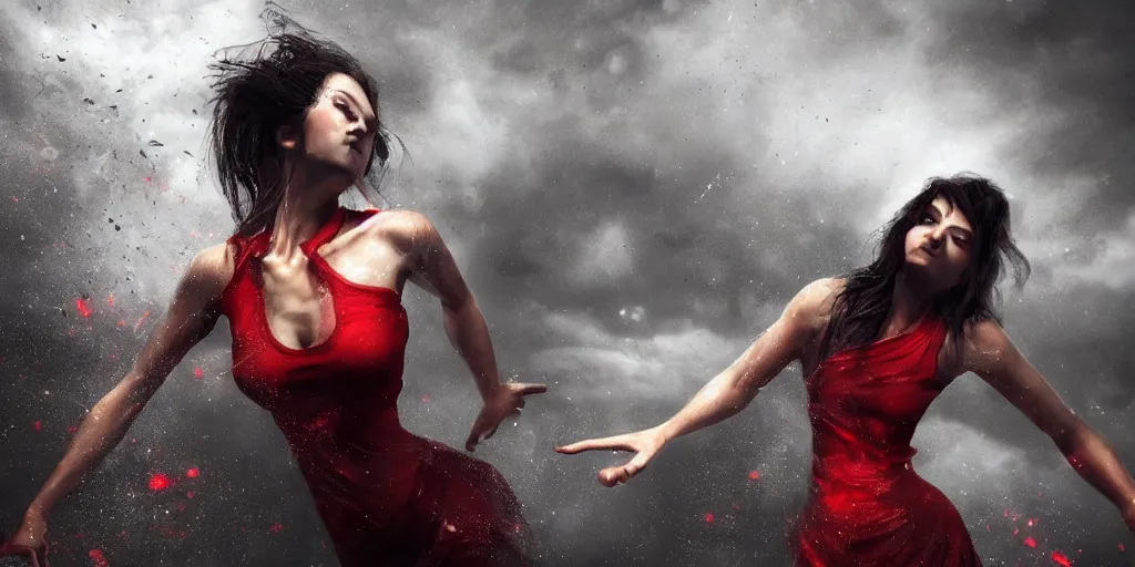 Prompt: epic scene of ( most gorgeous character hyper detail in amazing detail red dress, beautiful hyper detail face, detail ) ( fighting ) ( woman in a black tank top, detailed face ), hyper realistic 3 d render, art station, particles, epic scene, mucha, clouds, jump pose, blur focus, action,