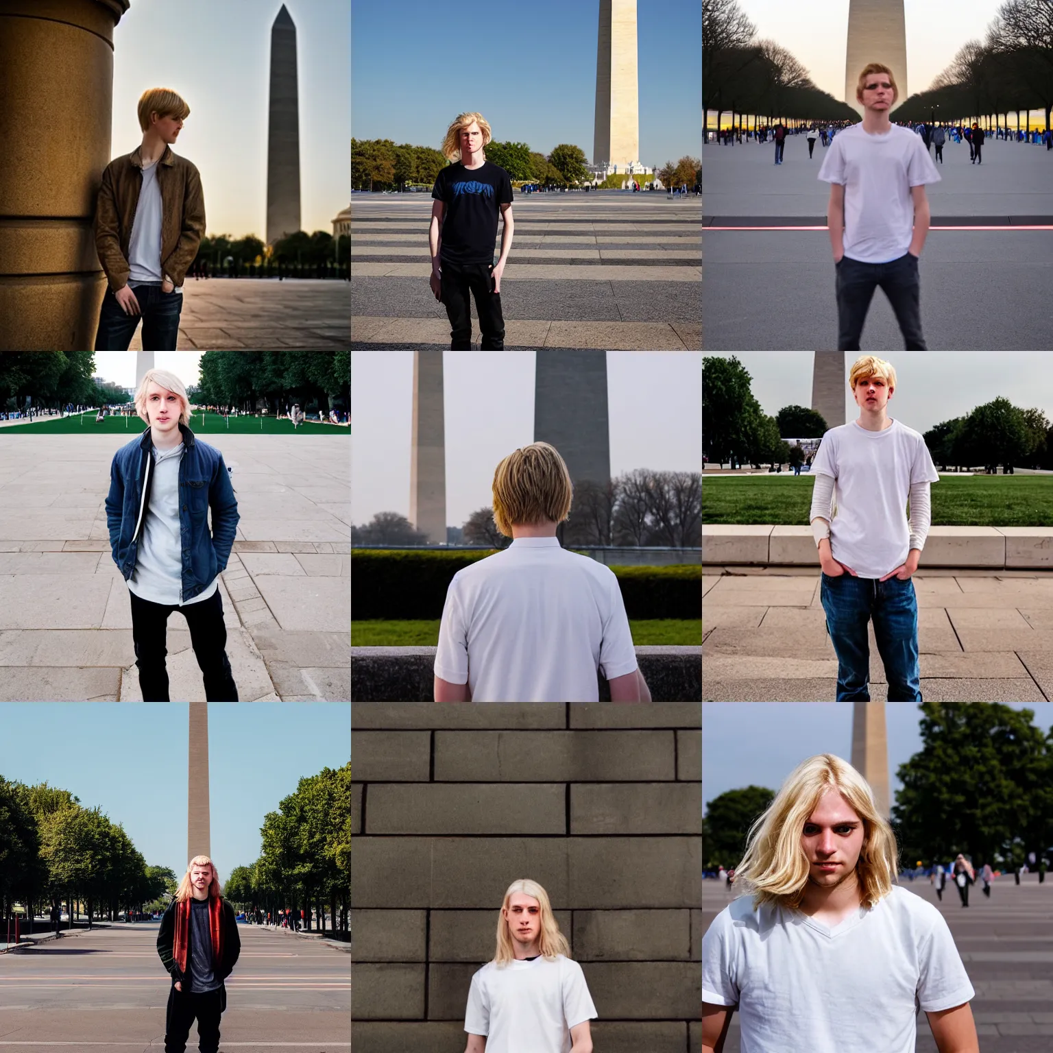 Prompt: a pale young man with long light blond hair in front of the washington monument, high quality, street photography, award winning