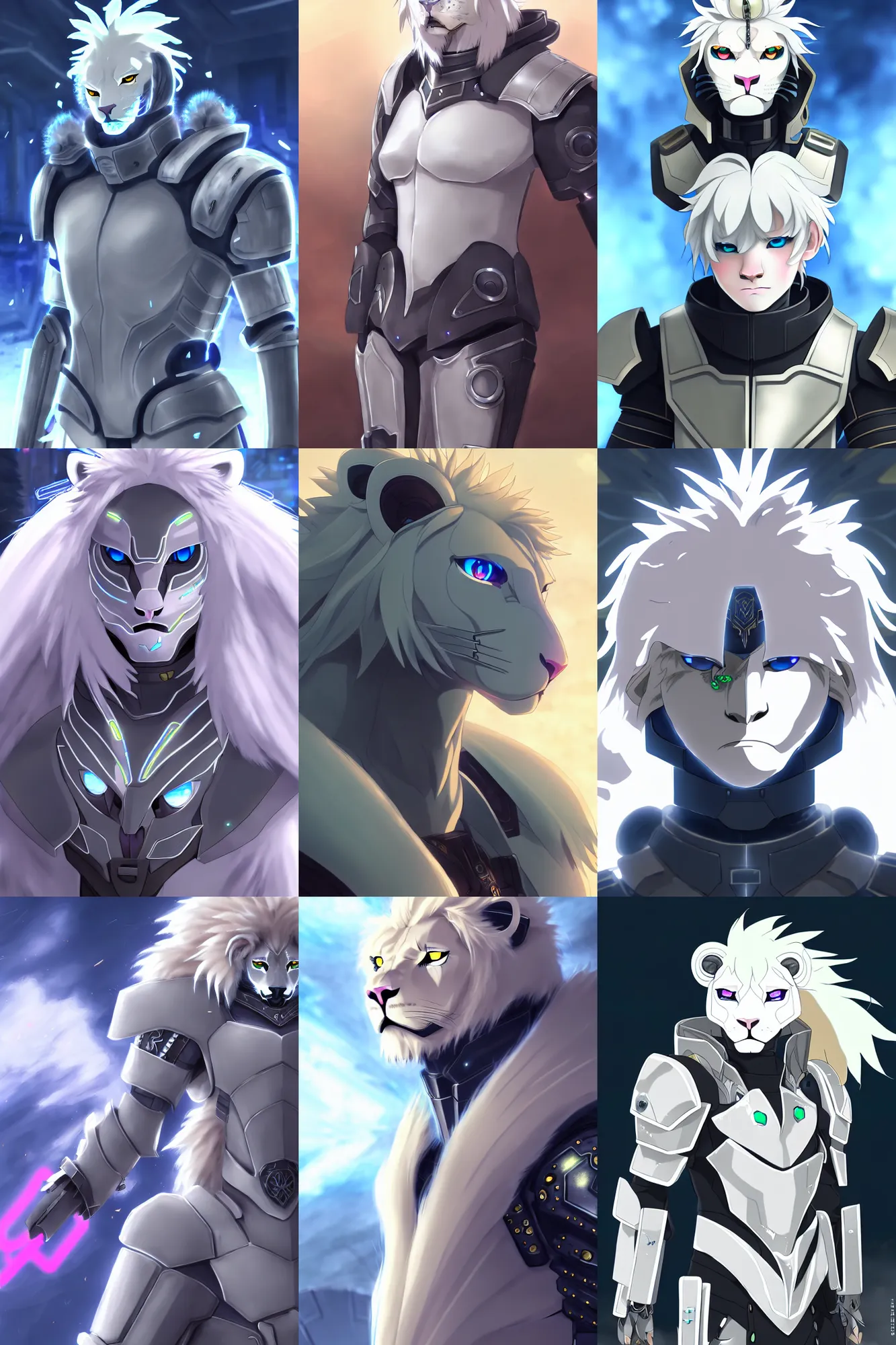 Prompt: albino lion army general with neon cybertech roman armor, fursona, anthro, anime key visual, detailed armor, makoto shinkai, portrait